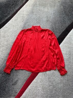 FRNCH Paris Romantic Red Smocked Neck Blouse